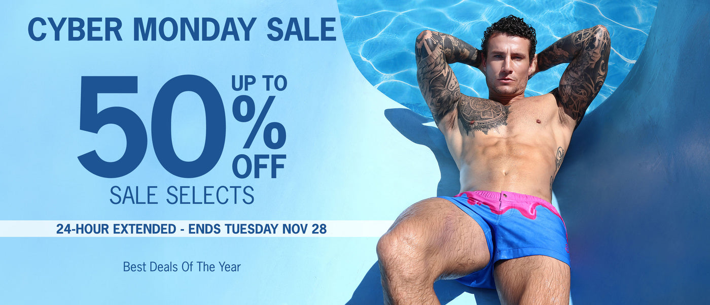 Extended 24 hours: The CYBER MONDAY Sale of Bang! Clothing Miami ends TUESDAY Novembe 28. Enjoy 20% off sitewide. Plus over up to 50% off on over 400 items of Mens's Beachwear, Swimwear, Underwear, gym, fitness and athleisure.