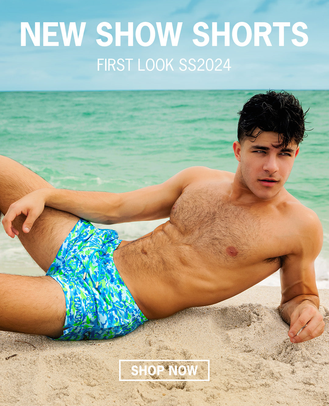 Featuring the new CAMPO POP Series in bright blues and greens. Part of the new prints of Show Shorts and men's beach shorts for Spring-Summer  SS2024 by Bang clothing Miami.
