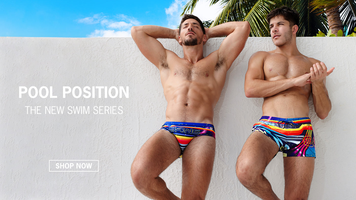Featuring the Pool Position Series re-released: now revisited and expanded in seven different men's beachwear silhouettes  of men's swimsuits and beach shorts by Bang Miami menswear clothing.