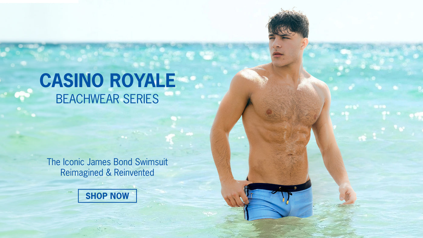 The new CASINO ROYALE Beachwear Series for men, featuring square-cut swim trunk swimsuit as seen worn by Daniel Craig in the James Bond 007 movie.