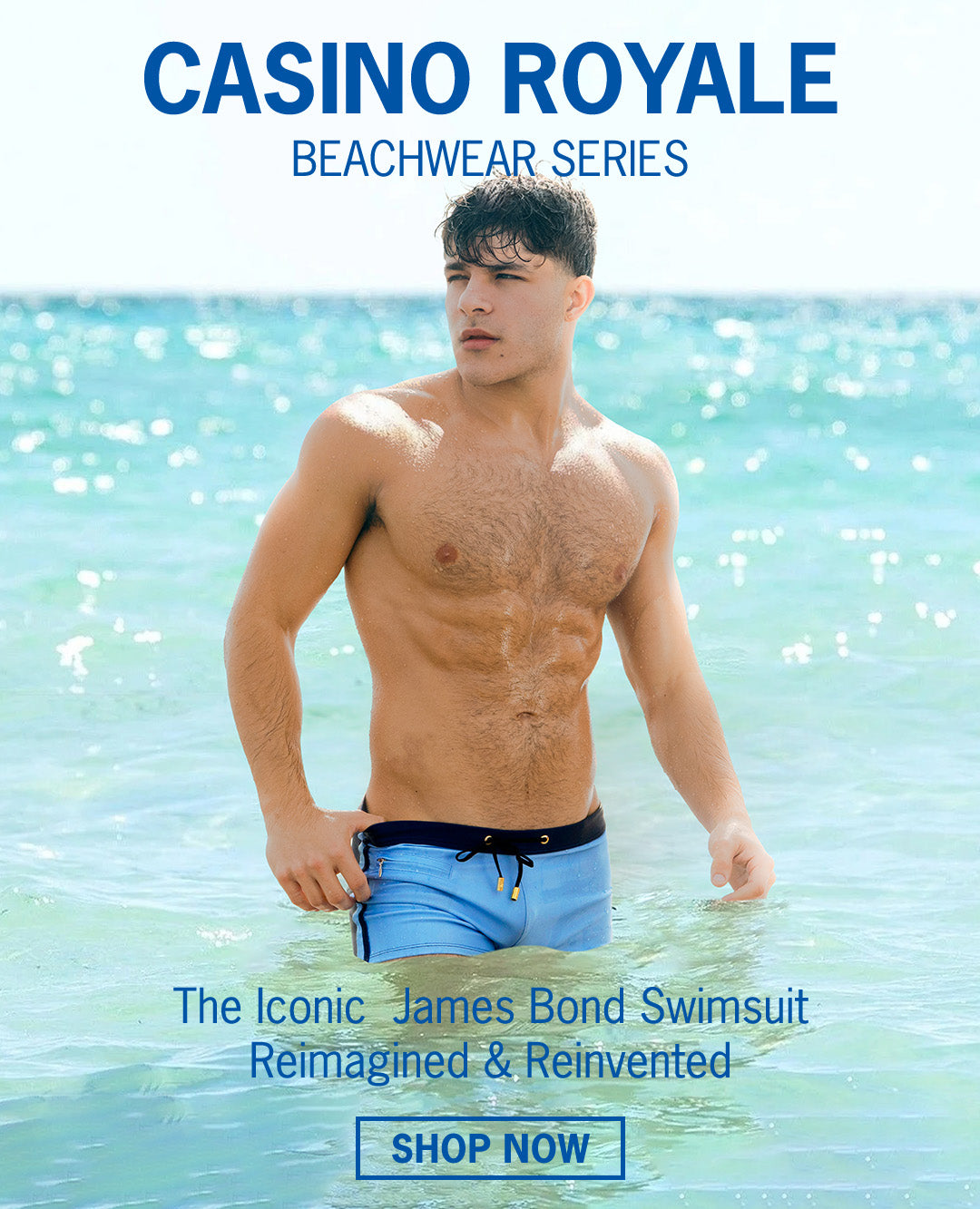 The new CASINO ROYALE Beachwear Series for men, featuring square-cut swim trunk swimsuit as seen worn by Daniel Craig in the James Bond 007 movie.