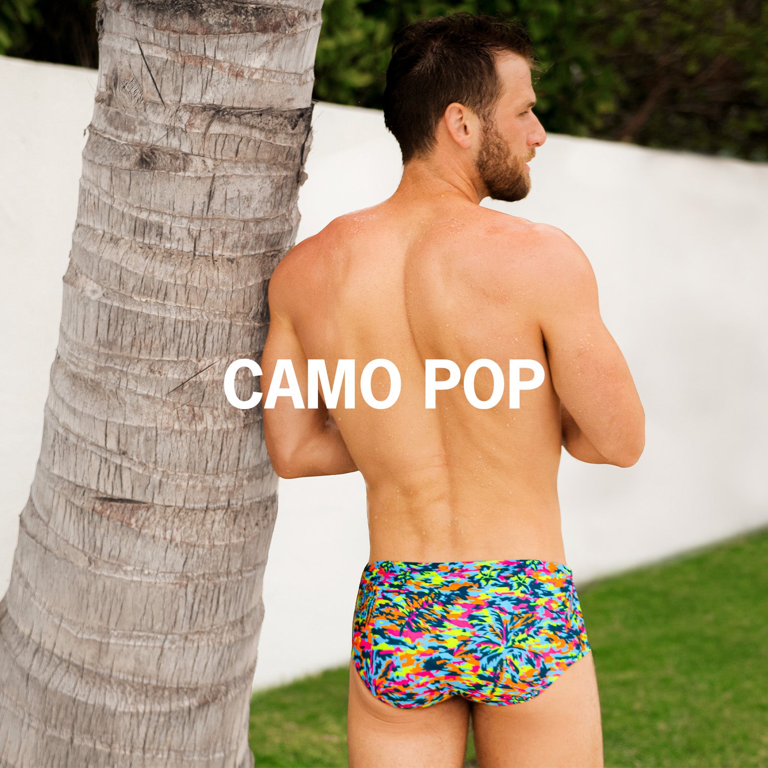 The new CAMO POP Beachwear Series for men, featuring camouflage print in sunshine-friendly bright popping colors. 