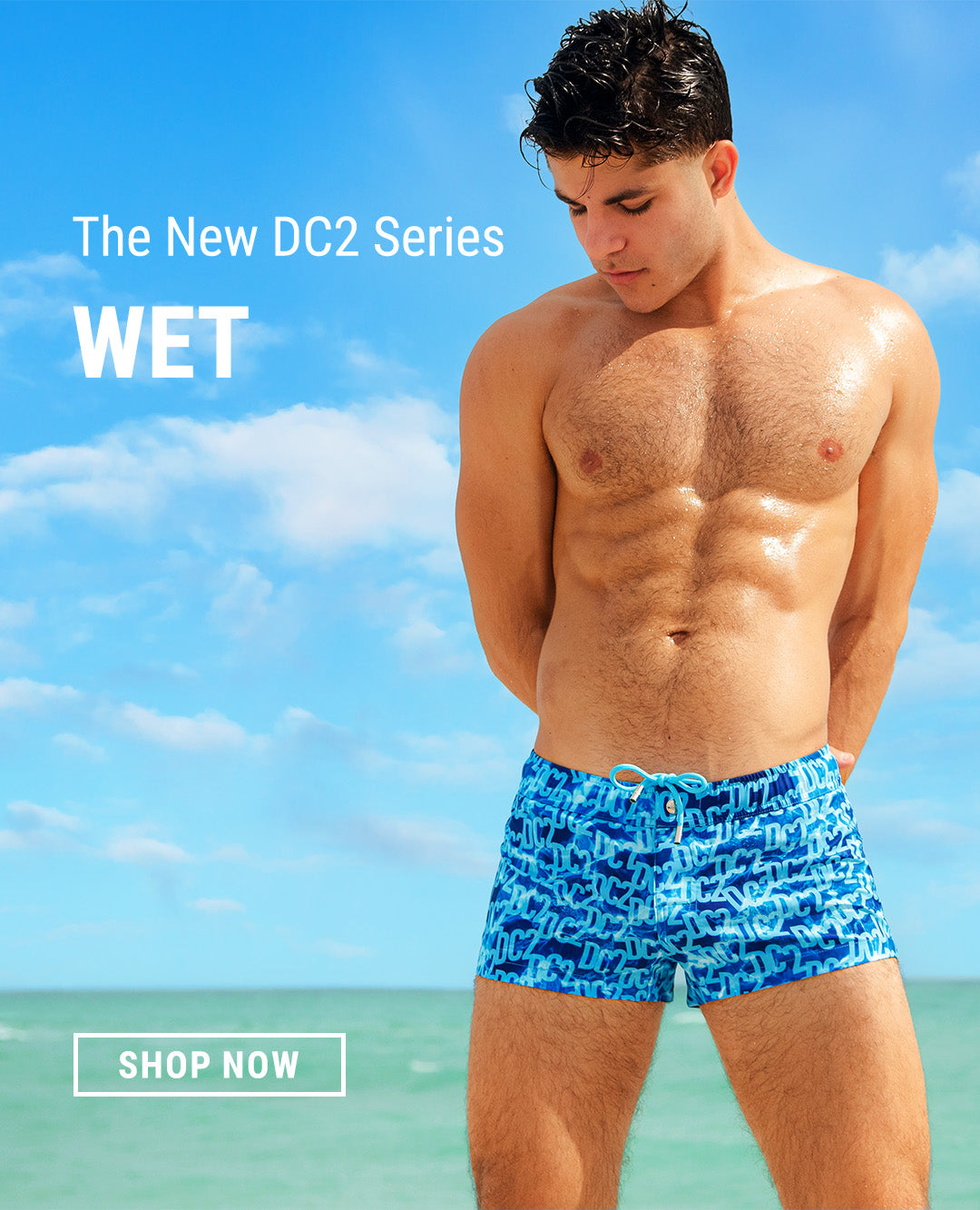 The new WET men 's beachwear series with submarine monogram print in blue colors for Spring/Summer 2024 from the new DC2 capsule-brand by BANG! Miami swimwear.