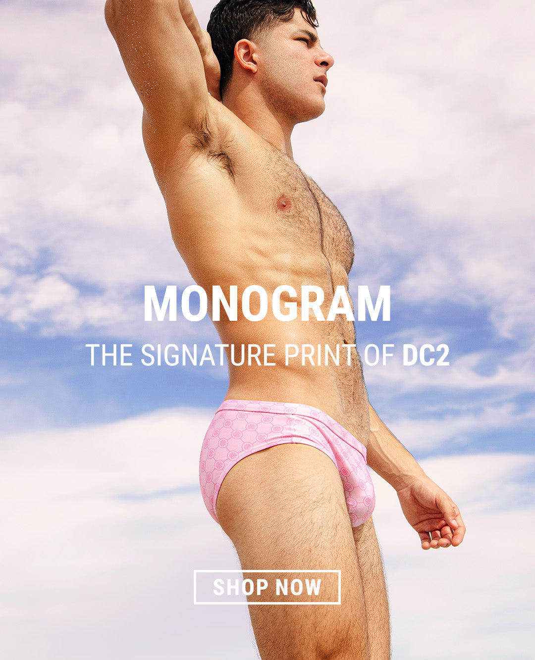 The men's Beachwear series with Monogram prints by DC2 BANG! Miami For Spring/Summer 2024. Available in pink, blue, and teal green colors.