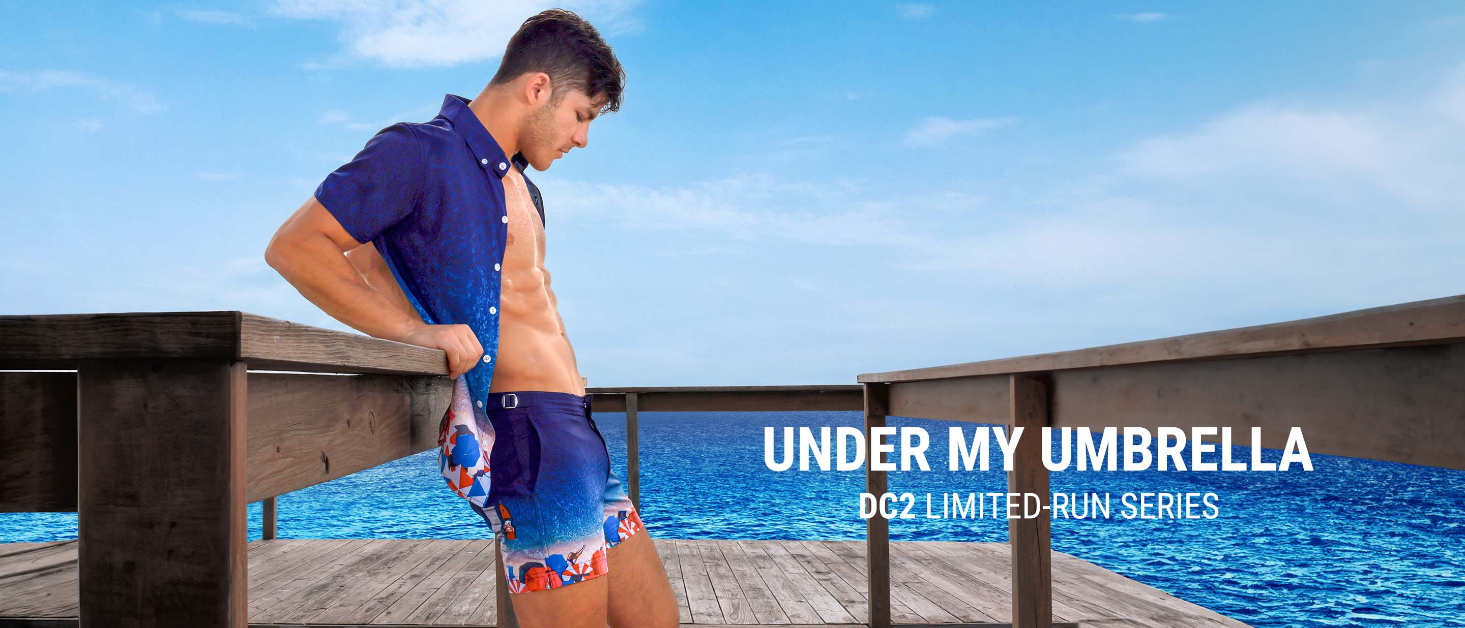 The UNDER MY UMBRELLA men's Beachwear series by DC2 BANG! Miami For Spring/Summer 2024.  Limited-run edition now available in 5 silhouettes.