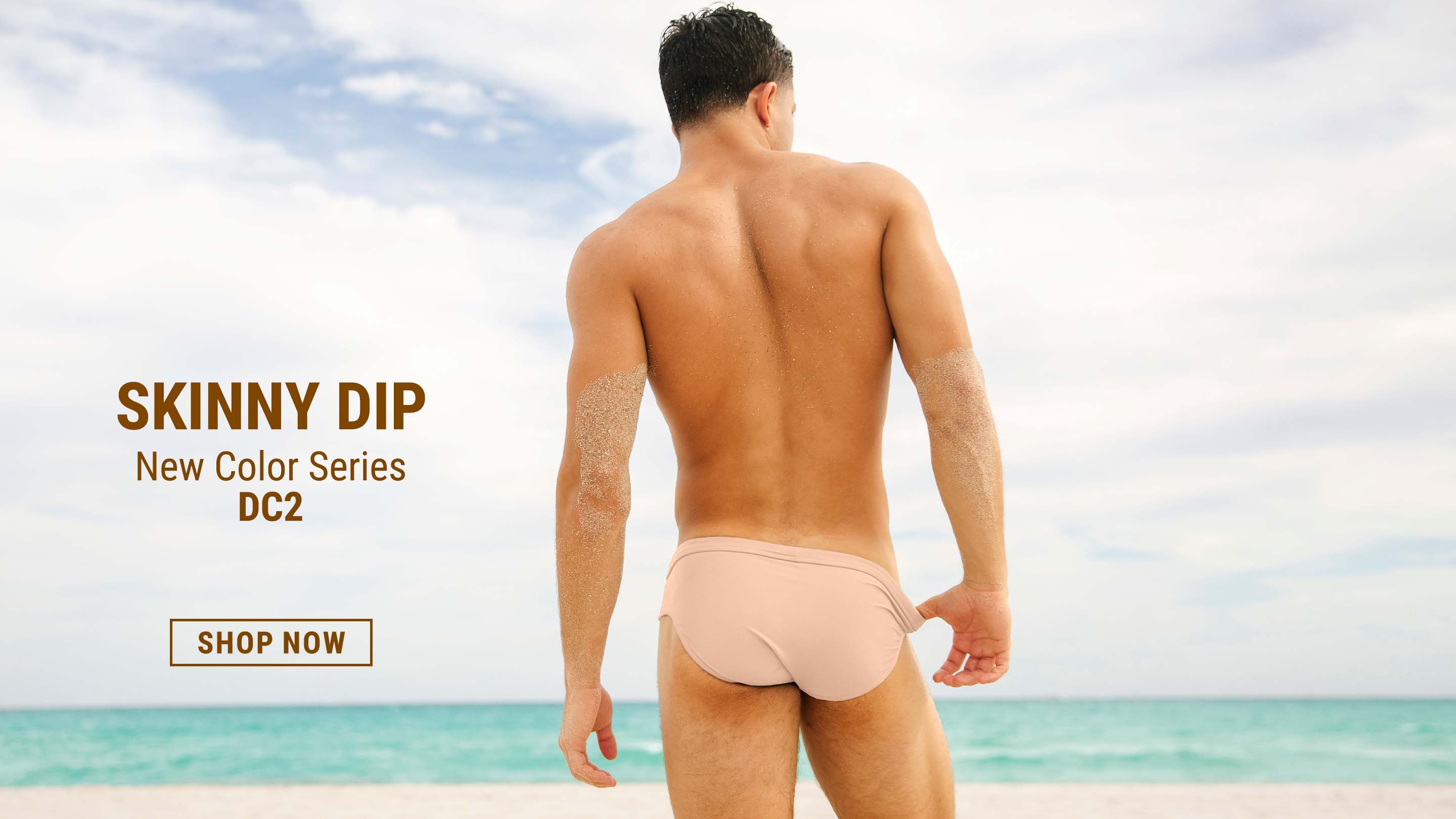 The SKINNY DIP men's Swimsuit Series in beige fair light pink color by DC2 Miami beachwear by BANG! Miami swimwear. Available in five silhouettes.
