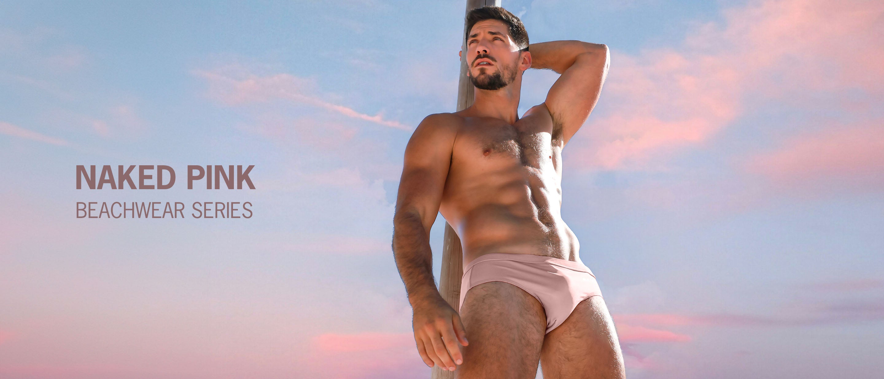 The NAKED PINK Beachwear Series by BANG! Miami in pastel pink. Available as men's shorts, swimsuits and summer short-sleeve shirt.