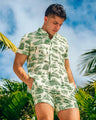 A male model wearing a green and white Toile de Miami (green) stretch shirt and matching tailored shorts. The shirt features a button-down front and short sleeves, while the shorts have side pockets. The model stands outdoors with his hands in his pockets, surrounded by palm trees against a bright clear blue sky.