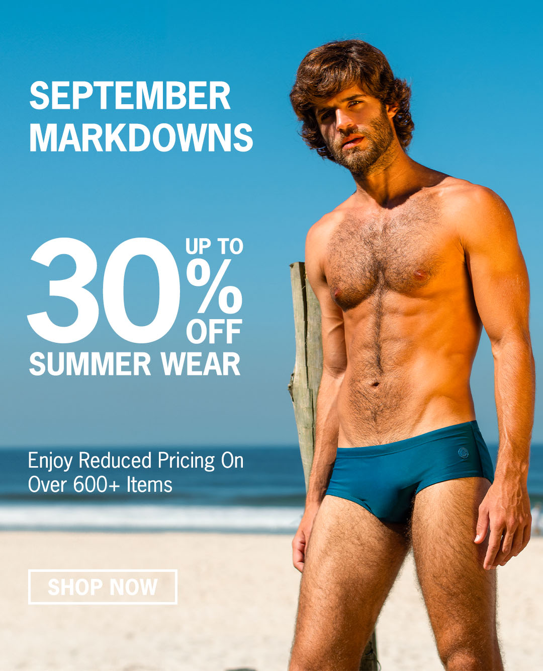 SEPTEMBER MARKDOWNS of Bang! Miami: enjoy up to 30% off on men's summer wear, beachwear, swimsuits, beach shorts, men's shirts, tank tops, and summer shorts. 