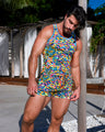 Model wearing DC2 Miami CAMO POP (Neon Mix) Tank Top and matching Poolside Shorts, featuring a bold, vibrant camouflage pattern in neon colors. The athletic fit and eye-catching design make this outfit perfect for gym workouts and tropical beach days.