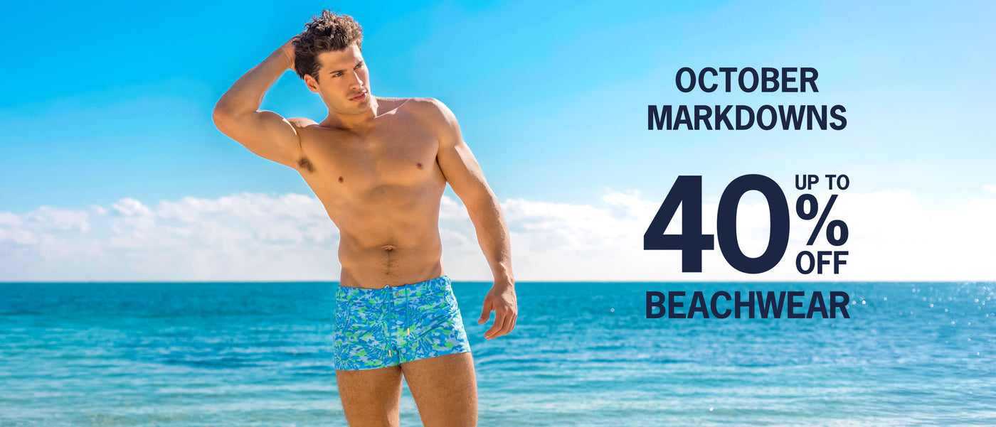 OCTOBER MARKDOWNS of Bang! Miami: enjoy up to 40% off on men's summer wear, beachwear, swimsuits, beach shorts, men's shirts, tank tops, and summer shorts. 