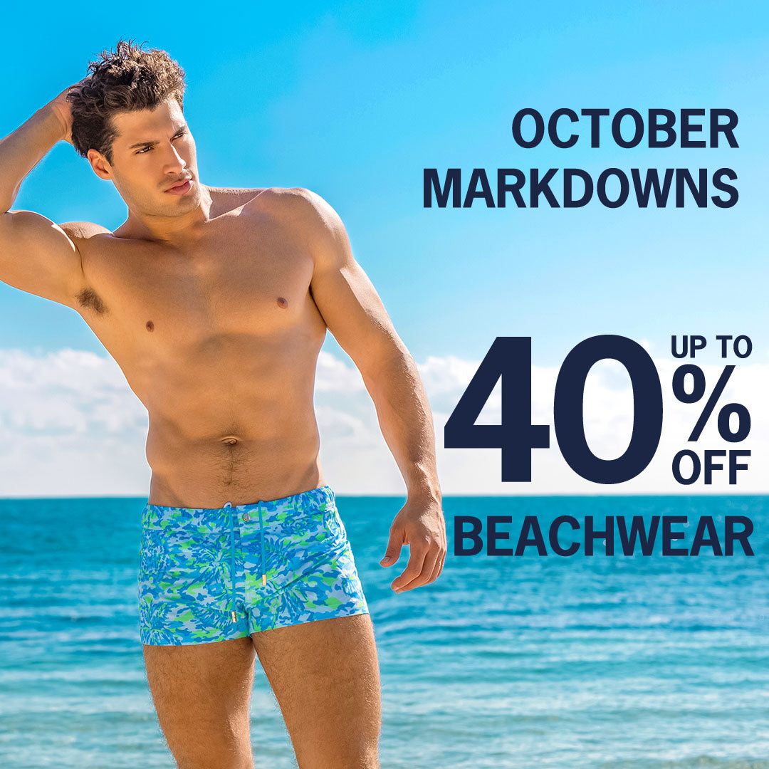 OCTOBER MARKDOWNS of Bang! Miami: enjoy up to 40% off on men's summer wear, beachwear, swimsuits, beach shorts, men's shirts, tank tops, and summer shorts. 