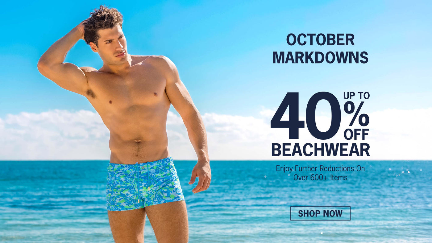 OCTOBER MARKDOWNS of Bang! Miami: enjoy up to 40% off on men's summer wear, beachwear, swimsuits, beach shorts, men's shirts, tank tops, and summer shorts. 