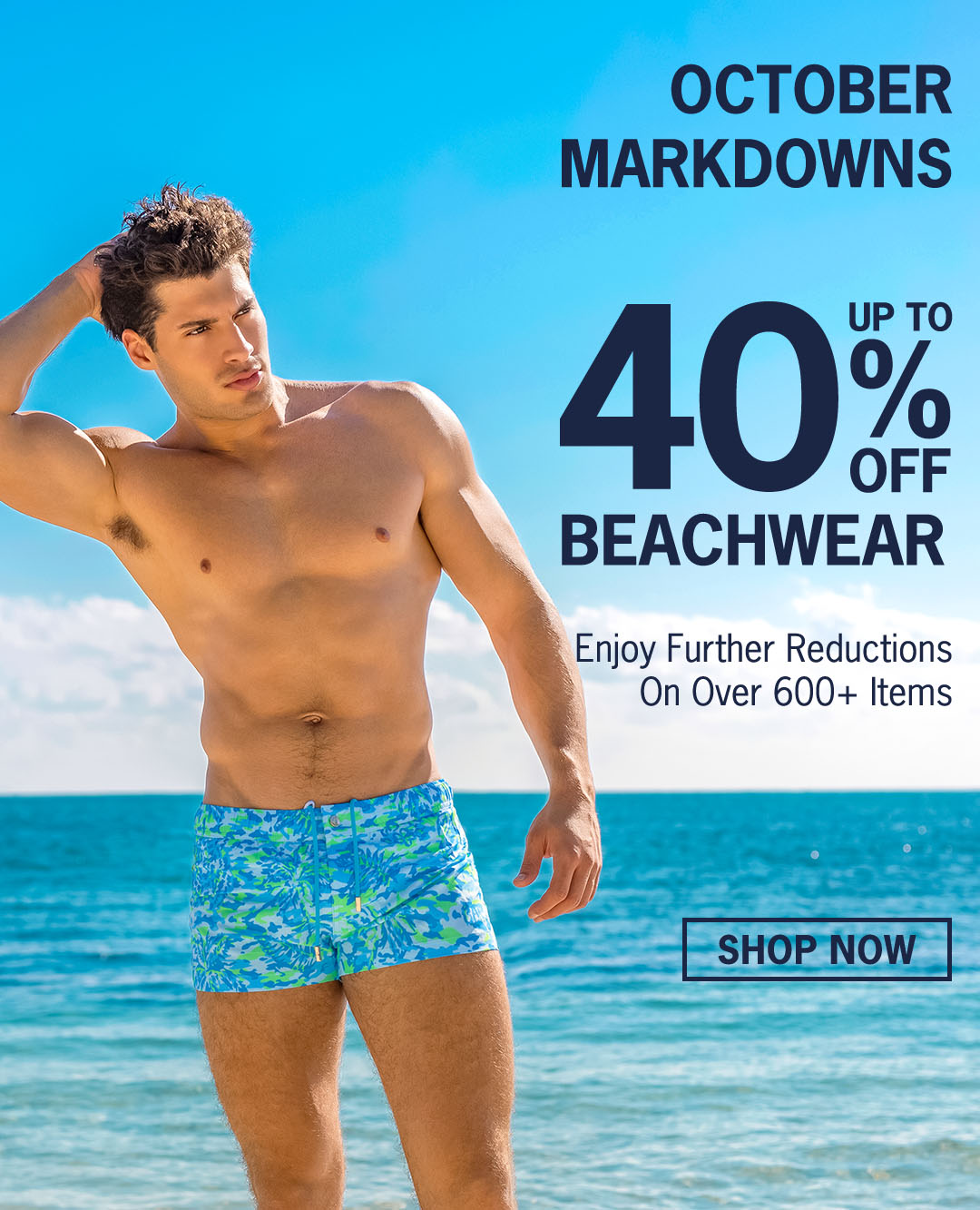 OCTOBER MARKDOWNS of Bang! Miami: enjoy up to 40% off on men's summer wear, beachwear, swimsuits, beach shorts, men's shirts, tank tops, and summer shorts. 