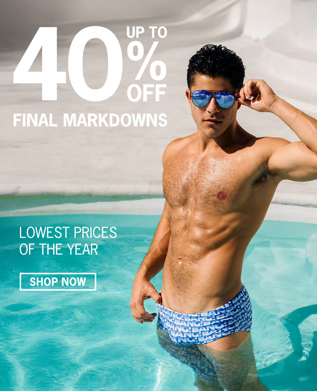 NOVEMBER MARKDOWNS of Bang! Miami: enjoy up to 40% off on men's summer wear, beachwear, swimsuits, beach shorts, men's shirts, tank tops, and summer shorts. 