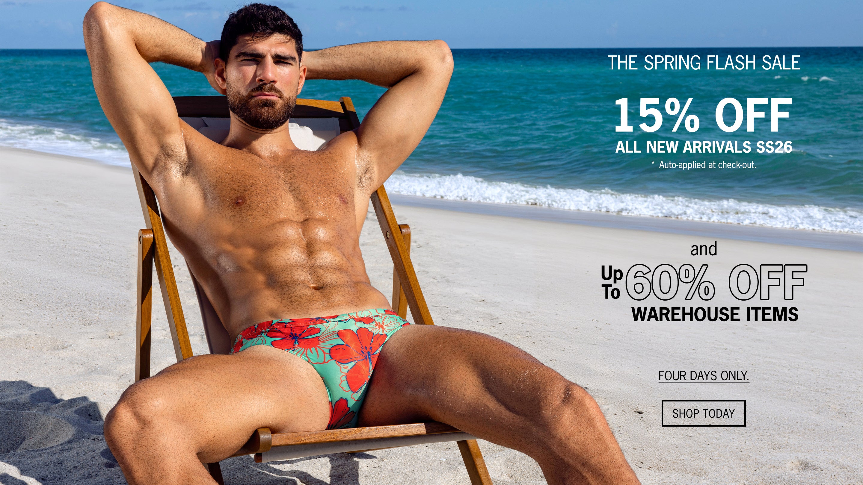 Spring Flash Sale banner — 15% off all new arrivals SS26 and up to 60% off warehouse items, starts now, four days only.