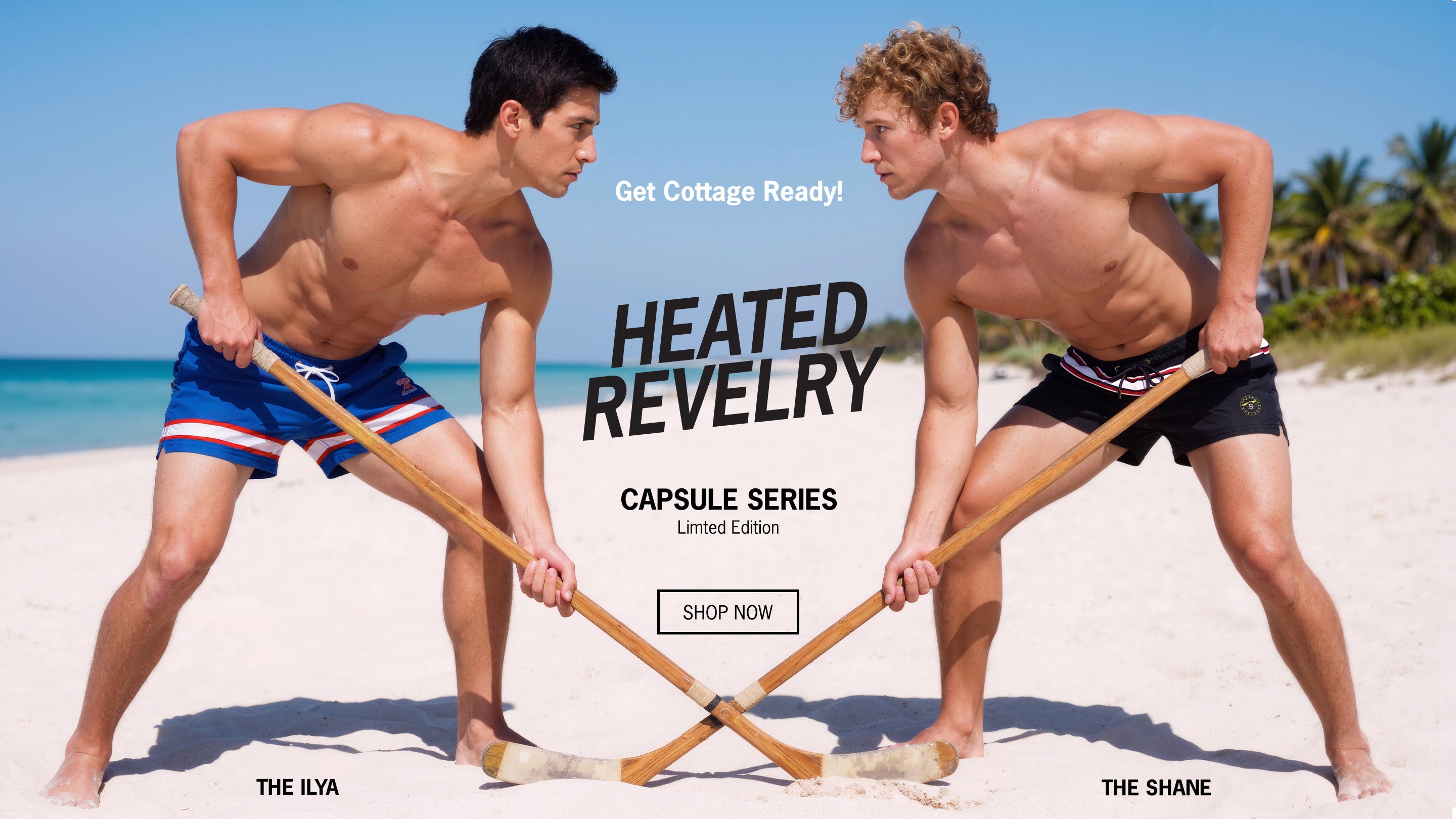 BANG Heated Revelry Capsule Series banner featuring the Shane and Ilya Show Shorts, inspired by classic hockey rivalries with athletic detailing and team-inspired colors.