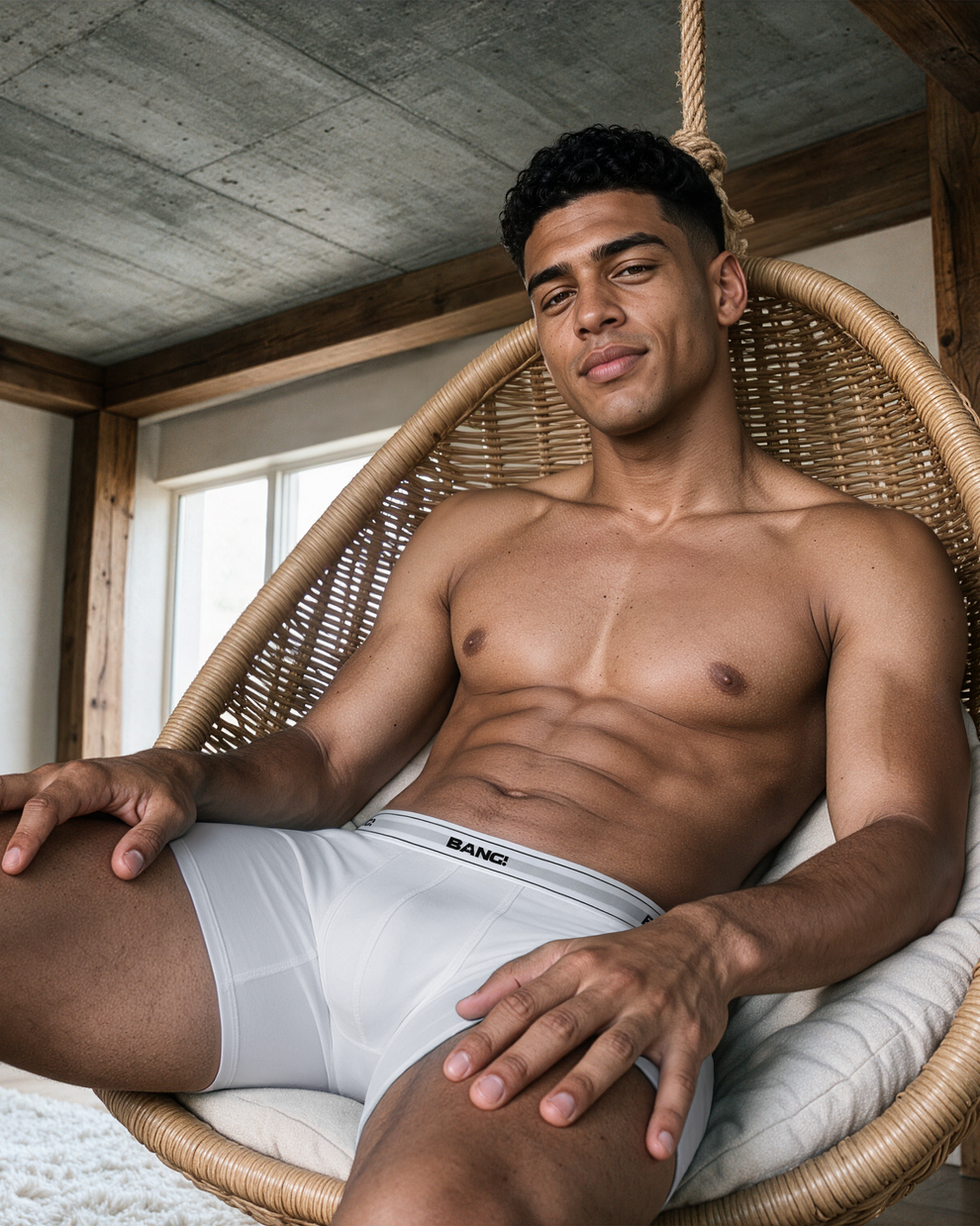 Model reclining in a woven hanging chair wearing the Max White Skin Soft Boxer Brief by BANG! Miami, featuring a logo waistband and fitted white silhouette.