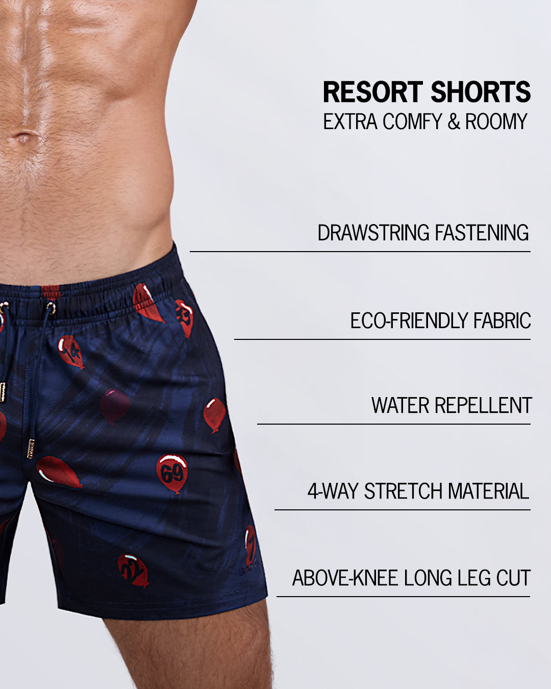 Close-up shot emphasizing the key features: drawstring fastening, premium quality fabric, water-repellent technology, and a 4-way stretch material for ultimate comfort.