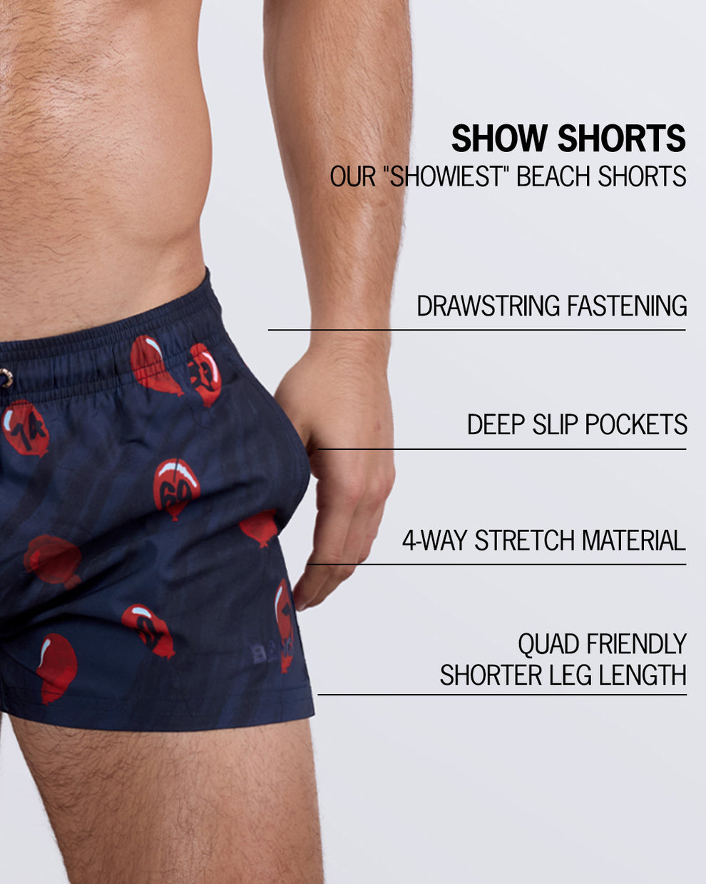 Detailed close-up of the 99 RED BALLOONS Show Shorts, explaining key features such as a flexible drawstring waistband, deep slip pockets, quick-dry fabric, and a shorter leg cut for a bold, confident beach look.