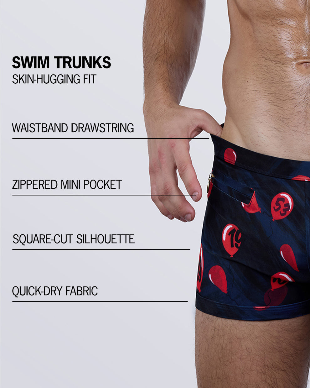 Feature breakdown of the 99 RED BALLOONS Swim Trunks – snug swim fit with drawstring waist, zippered mini pocket, square-cut legs, and fast-drying performance fabric.