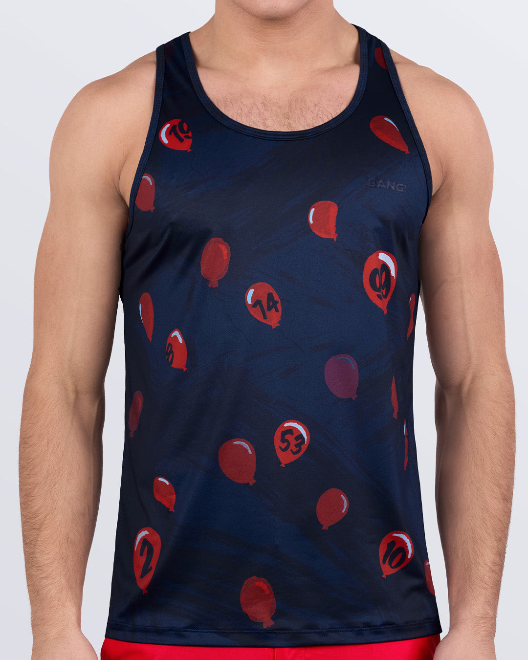 Men’s dark navy tank top with red balloon print – 99 RED BALLOONS by BANG!® – playful graphic activewear for gym, parties, or casual wear