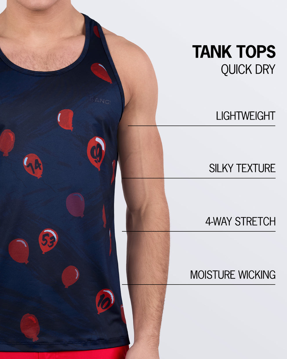 99 RED BALLOONS gym tank top for men – quick dry, 4-way stretch, silky texture, moisture-wicking fabric – statement performance wear by BANG!®