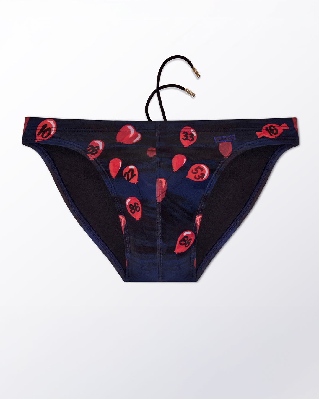 Flat lay of the BANG Miami 99 Red Balloons Swim Mini Brief, featuring a playful balloon print and sleek, sculpted mini brief design.