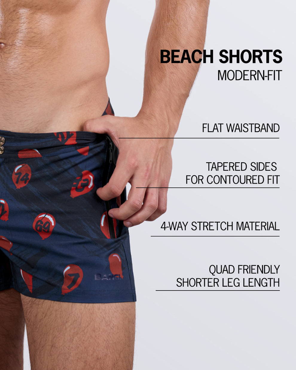 Detailed close-up of the 99 RED BALLOONS Beach Shorts by BANG! Miami, highlighting key features: flat waistband for a sleek silhouette, contoured side seams for a tailored fit, four-way stretch material for comfort and movement, and a quad-friendly shorter leg length for a modern, stylish look.