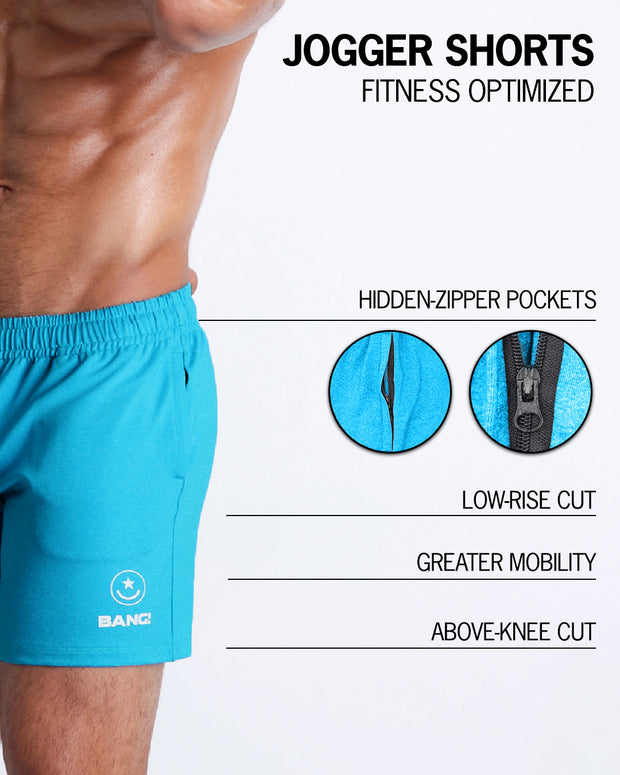The BANG! AERO BLUE Jogger Shorts - designed with sweat-wicking fabric to keep you cool and dry, hidden zipper pockets to keep your essentials safe, a low-rise cut for a comfortable fit, and an above-knee length for maximum mobility. 