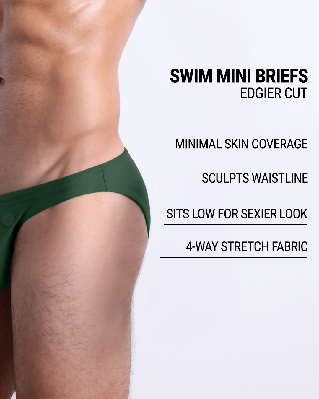 DC2 Alpha Green Swim Mini Brief fit details — minimal skin coverage, low-rise sexy fit, sculpted waistline, and 4-way stretch fabric.