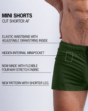 Infographic explaining the ALPHA GREEN Mini Shorts features and how they're cut shorter. They have an elastic waistband with an adjustable drawstring inside, they have a hidden internal mini-pocket, now made with flexible four-way stretch fabric and a new pattern with shorter legs.