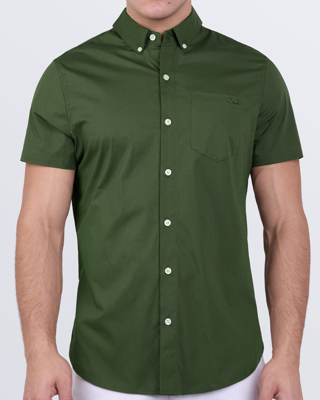 DC2 Alpha Green men’s short sleeve cotton shirt with front buttons, slim fit, and chest pocket.