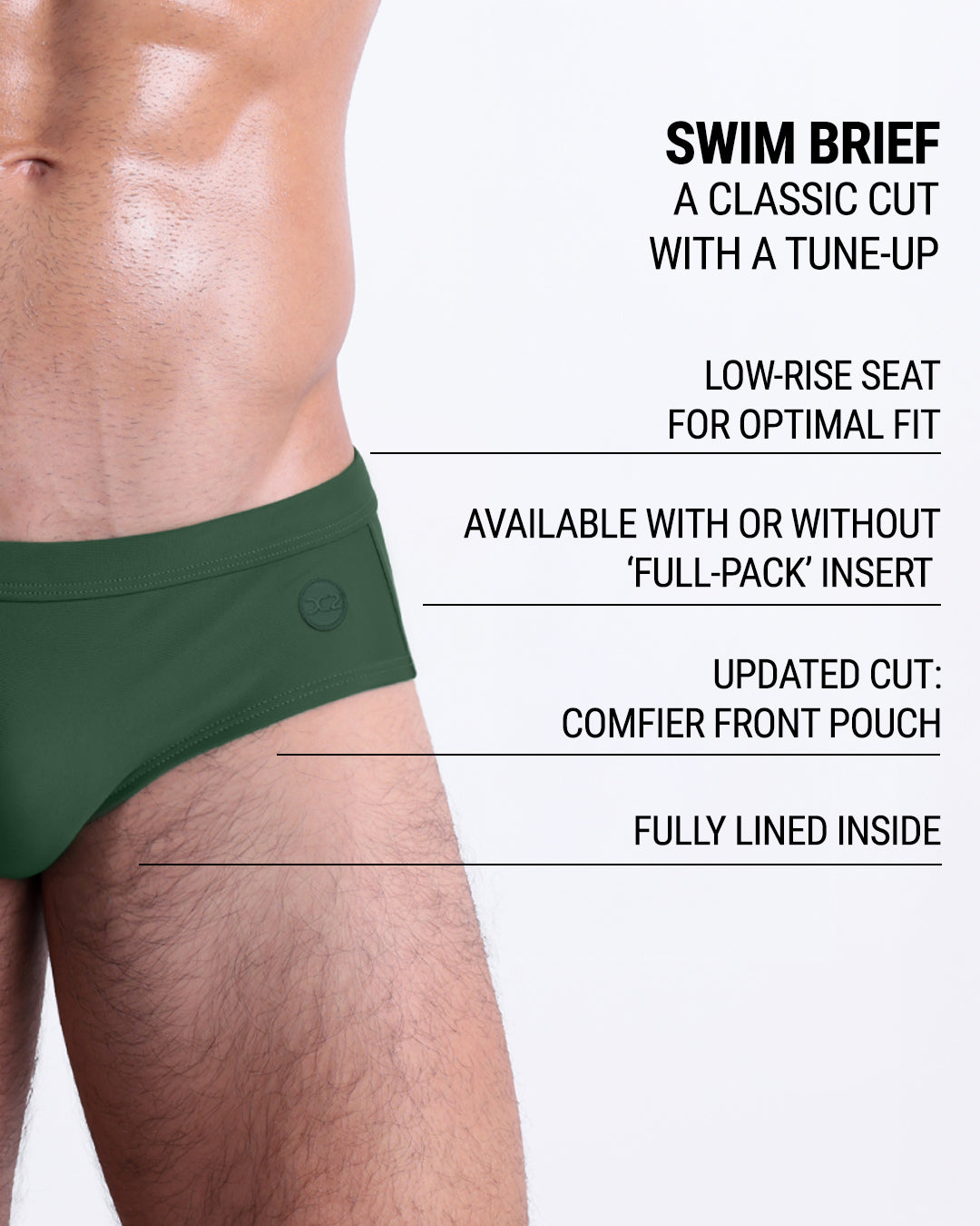 DC2 Alpha Green Swim Briefs — product features graphic showcasing low-rise seat, comfier front pouch, fully lined inside, and optional Full-Pack insert.