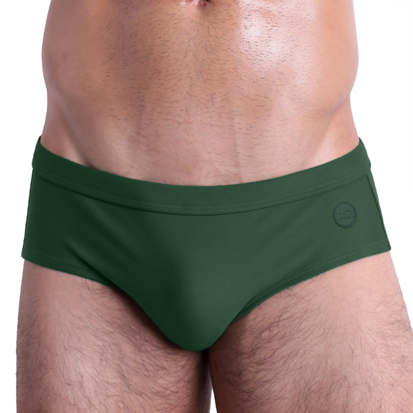 DC2 Alpha Green Swim Briefs — alternate close-up showing refined stitching, ergonomic pouch, and luxury swimwear craftsmanship.