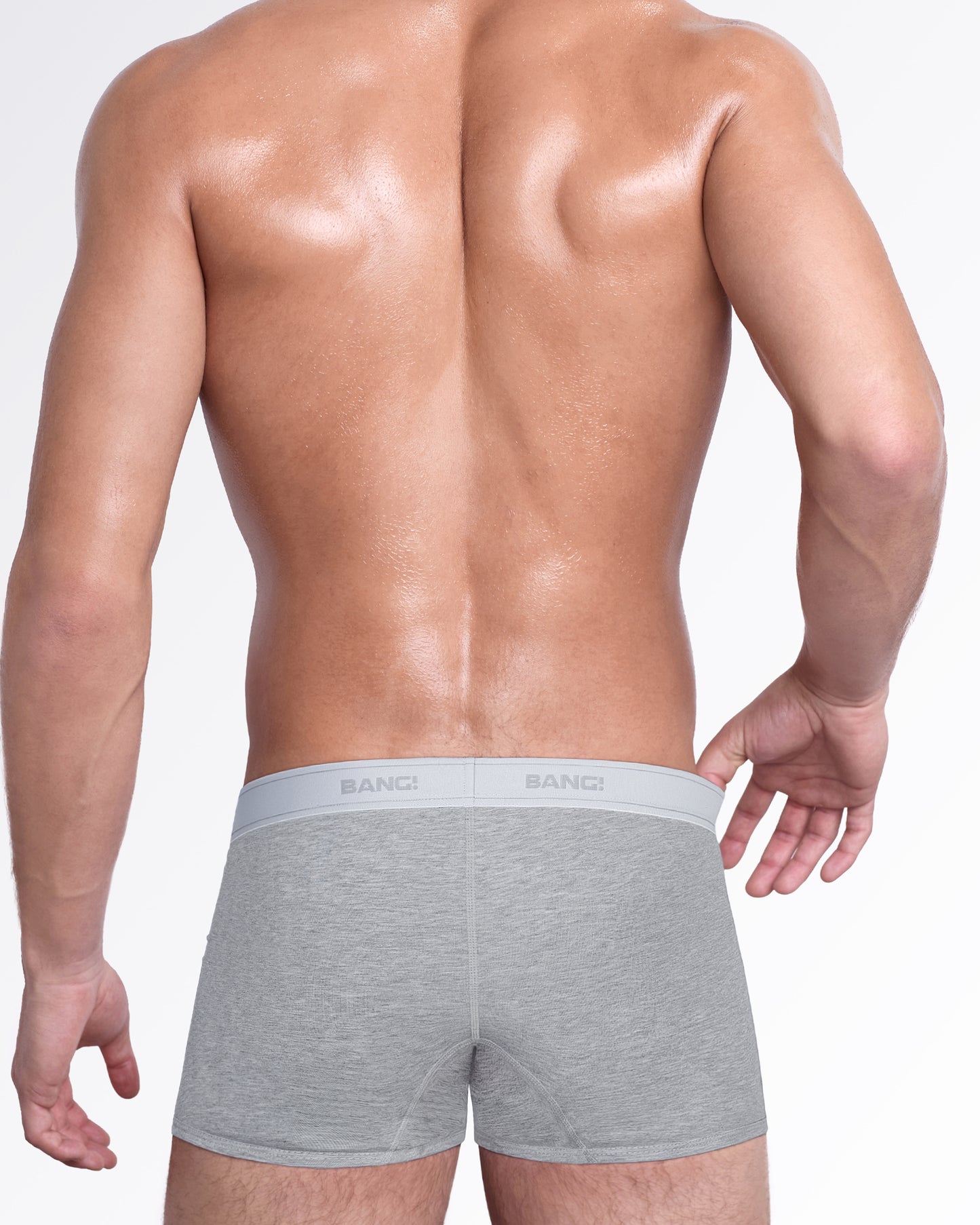 Back view of Amazing Gray Skin Soft men's boxer briefs featuring smooth full coverage, short legs and a matching light gray branded waistband.
