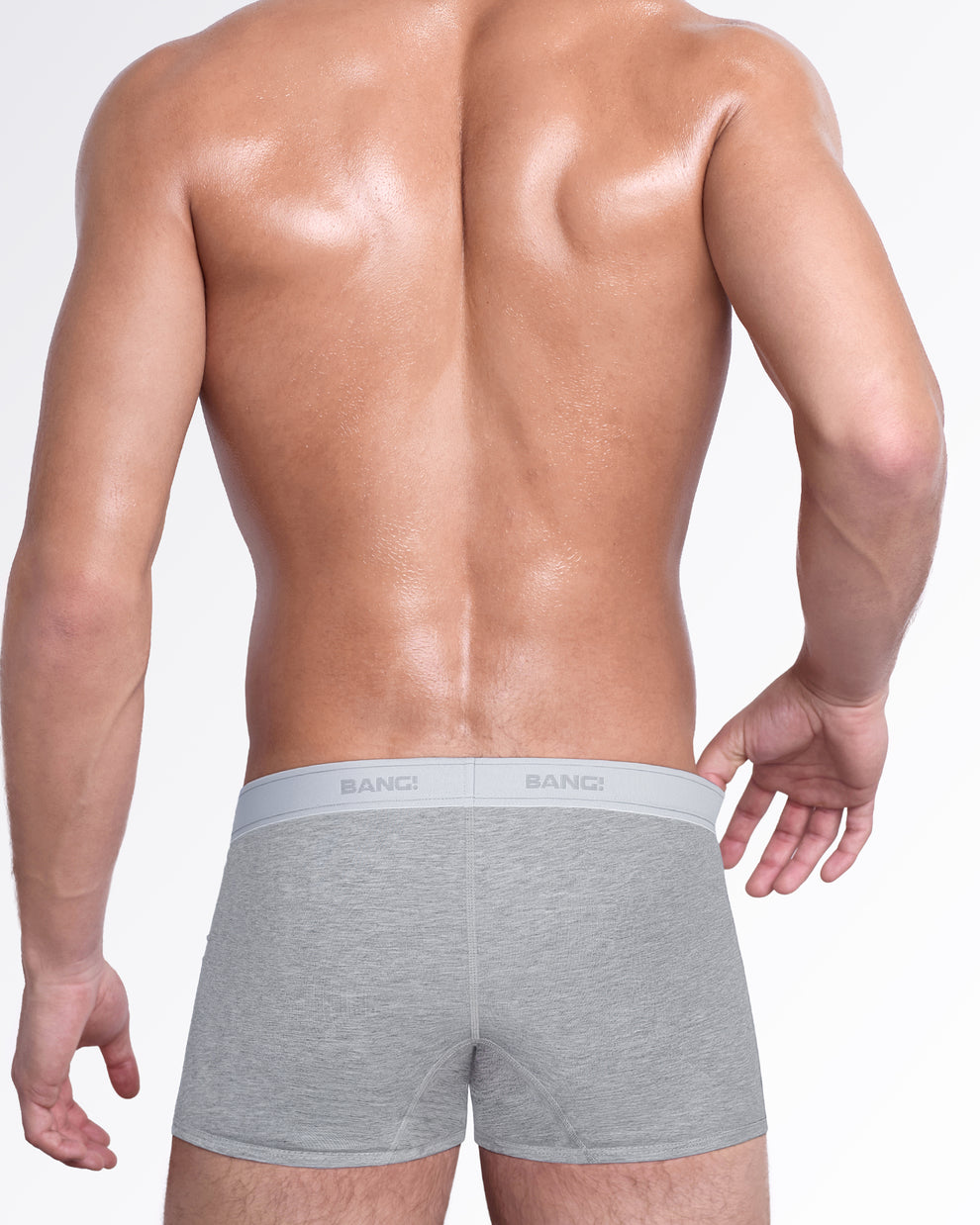Back view of Amazing Gray Skin Soft men's boxer briefs featuring smooth full coverage, short legs and a matching light gray branded waistband.