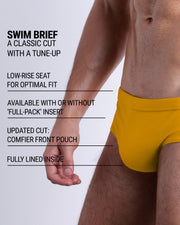 Infographic explaining the classic cut with a tune-up AMBER SAND Swim Brief by DC2. These men swimsuit is low-rise seat for optimal fit, available with or without 'Full-Pack' insert, comfier front pouch, and fully lined inside.