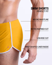 These infographics illustrate the features of the new DC2 Swim Shorts in AMBER SAND. They have a retro-inspired cut, a low-rise design, and a brief-shaped liner inside, while the no-dig waistline ensures maximum comfort.
