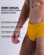 Infographic explaining the Brazilian Men's Swim Sunga remixed by BANG! These Swim Sunga are easy around the waist, are mid-length waist coverage, are tight aroung the legs, and have contoured-shape pouch.