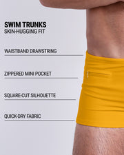 Infographic explaining the Swim Trunks swimming shorts by DC2. These Swim Trunks have a skin-hugging fit, have a waistband drawstring, zippered mini pocket, square-cut silhouette and quick-dry fabric.