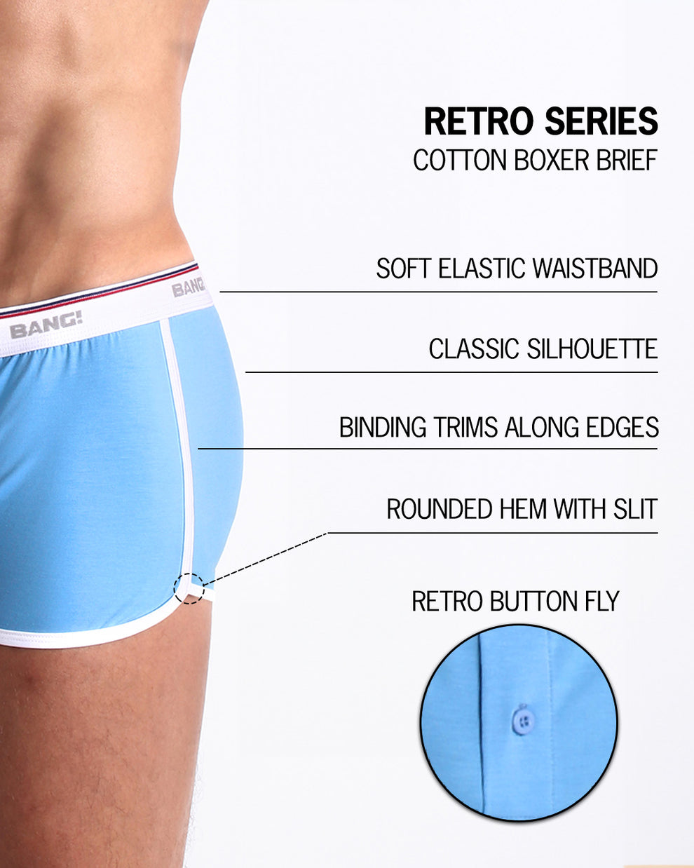An infographic displays the premium quality of the Cotton Boxer Brief Retro Series. It features a soft elastic waistband, classic silhouette, binding trims along edges, round hem with slit, and a retro button fly.