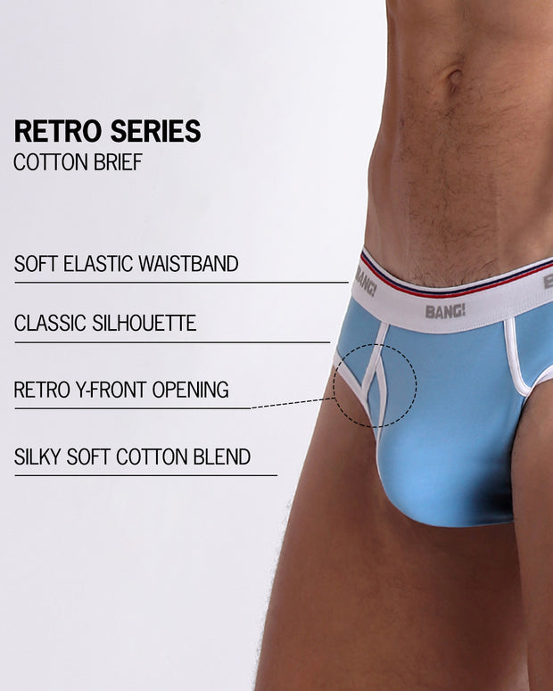 An infographic displays the premium quality of the Cotton Brief Retro Series. It features a soft waistband, classic silhouette, retro y-front opening, and silky cotton blend.