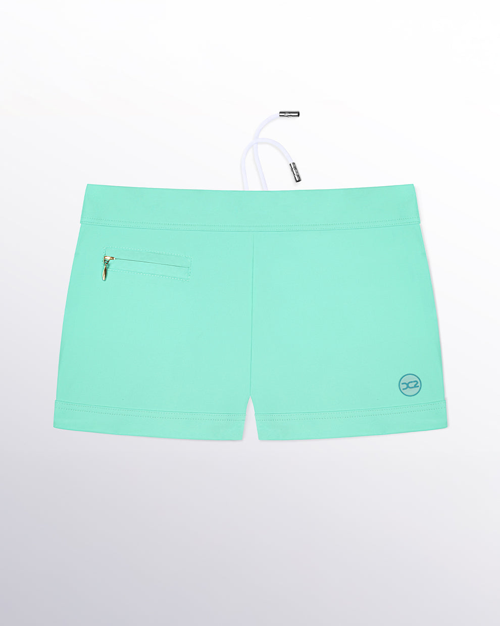 Close-up of AQUA LITE swim trunks highlighting the side zippered mini pocket detail, low-rise waistband, and snug square cut.