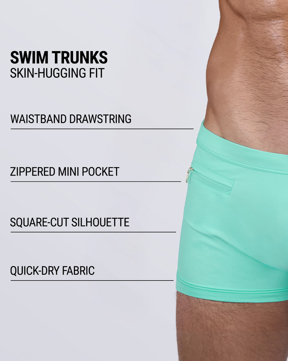 Infographic showcasing key features of the AQUA LITE men’s swim trunks: a skin-hugging fit, waistband drawstring, zippered mini pocket, square-cut silhouette, and quick-dry performance fabric designed for active summer days.