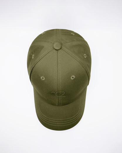 DC2 Army Green Resort Cap — top view highlighting the six-panel construction, stitched seams, and breathable eyelets.
