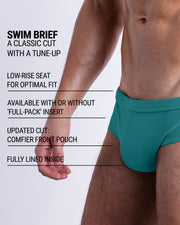 Infographic explaining the classic cut with a tune-up ATLANTIS TEAL Swim Brief by DC2. These men swimsuit is low-rise seat for optimal fit, available with or without 'Full-Pack' insert, comfier front pouch, and fully lined inside.