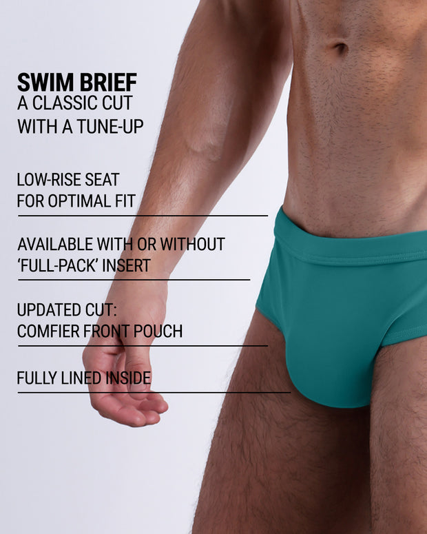 Infographic explaining the classic cut with a tune-up ATLANTIS TEAL Swim Brief by DC2. These men swimsuit is low-rise seat for optimal fit, available with or without &