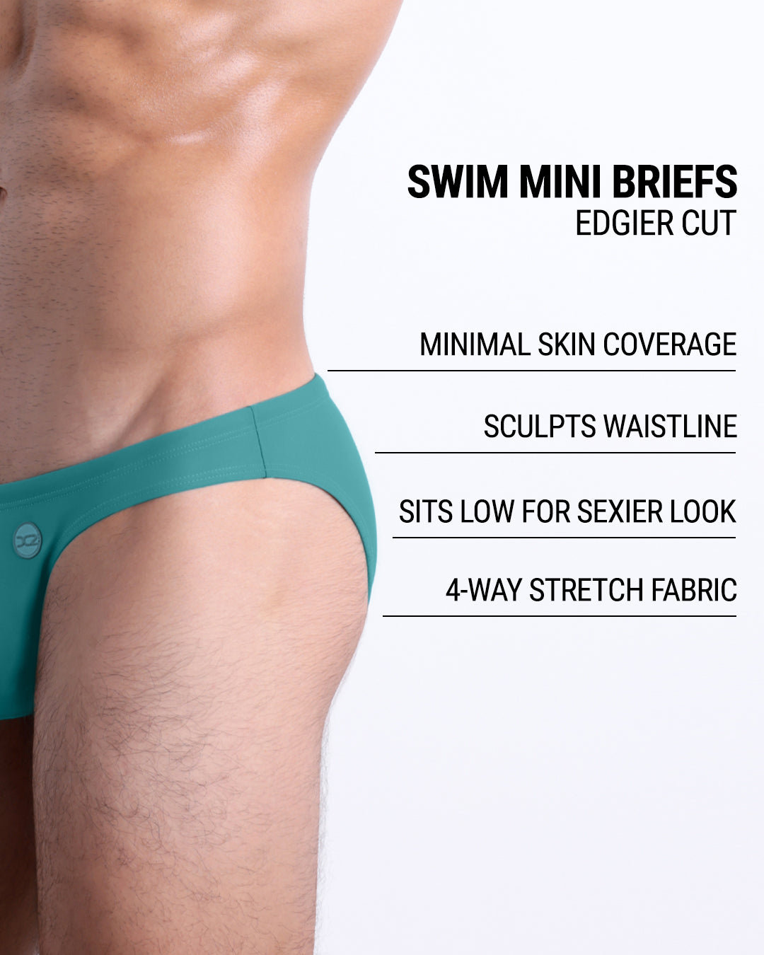 Infographic explaining the edgier cut of the Swim Mini Briefs. Features sculpt waistline, 4-way stretch fabric, sits low for sexier look, and has quick-dry material.
