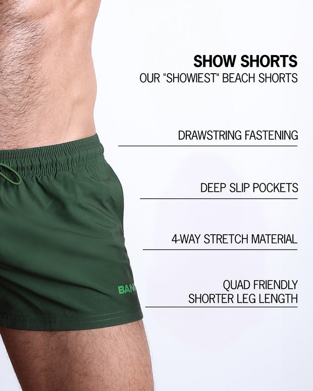 Infographic explaining shorter inseam and leg length on BANG! Miami show shorts premium fit designer quality